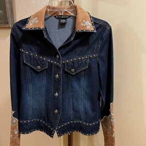 Blue Denim Jean Jacket with Embroidered Suede Trim